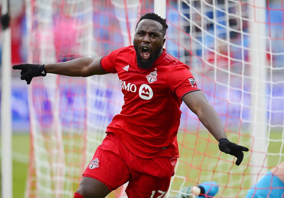 Toronto FC forward Jozy Altidore (17) celebrates his goal against the Chicago Fire during the first half of an MLS soccer game in Toronto, Saturday, April 6, 2019. (Frank Gunn/The Canadian Press via AP)