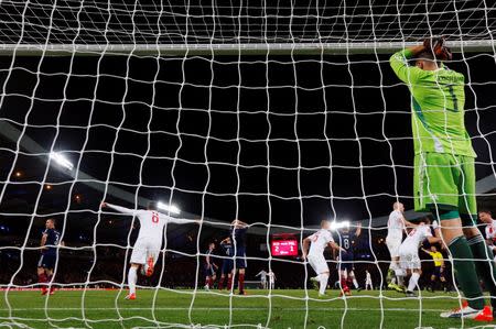 Football - Scotland v Poland - UEFA Euro 2016 Qualifying Group D - Hampden Park, Glasgow, Scotland - 8/10/15 Scotland's David Marshall looks dejected after Robert Lewandowski scored the second goal for Poland Action Images via Reuters / Lee Smith