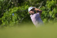 Max Homa hits off the 16th tee during the second round of the PGA Zurich Classic golf tournament at TPC Louisiana in Avondale, La., Friday, April 21, 2023. (AP Photo/Gerald Herbert)
