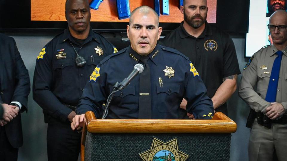 Shown in a Janurary 2023 file photo, Fresno Police Chief Paco Balderrama details the results of an investigation involving a violent armed robbery from 2022. Balderrama, following an investigation by the City of Fresno regarding an inappropriate relationship, resigned from his position June 25, 2024.