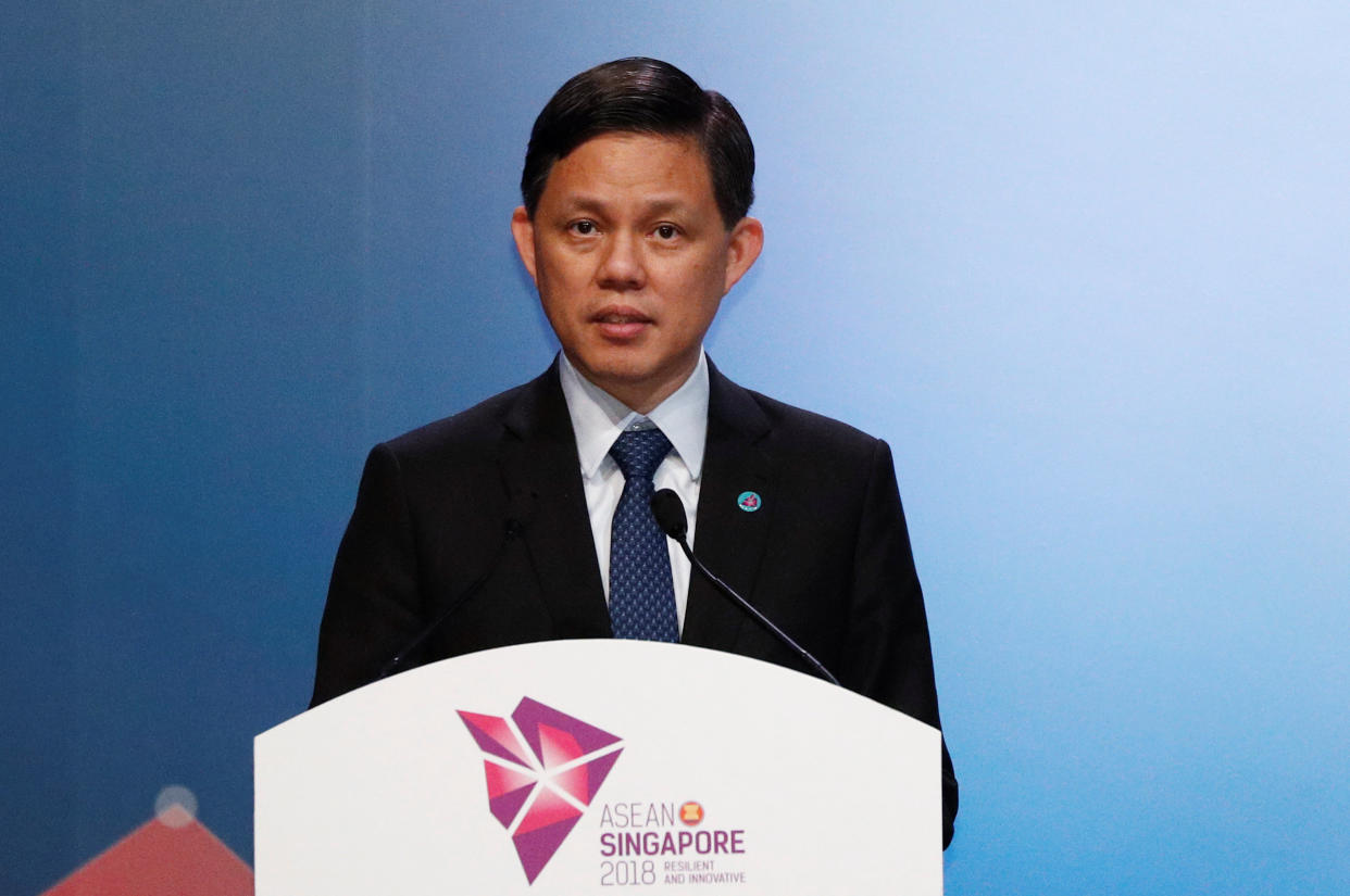 Singapore’s Trade and Industry Minister Chan Chun Sing speaks before a signing ceremony of ASEAN Agreements at the ASEAN Summit in Singapore November 12, 2018. REUTERS/Edgar Su