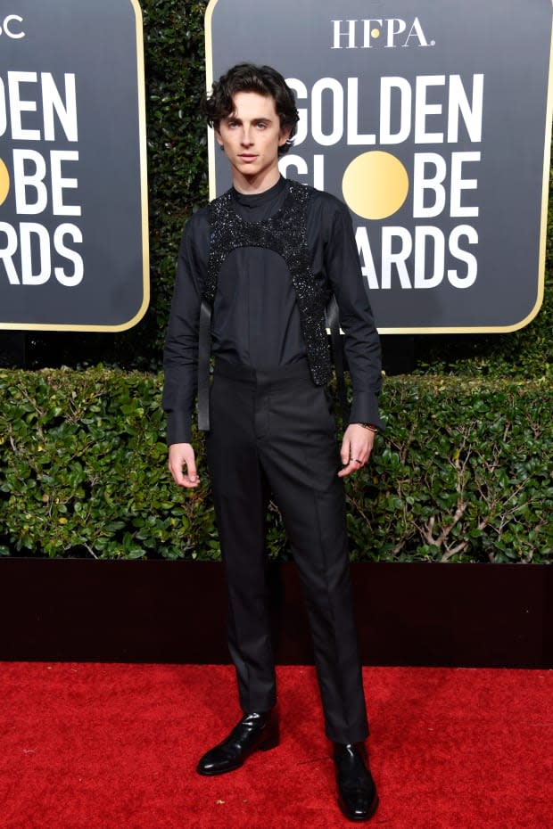 <p>Timothée Chalamet in Louis Vuitton at the 2019 Golden Globe Awards. </p>