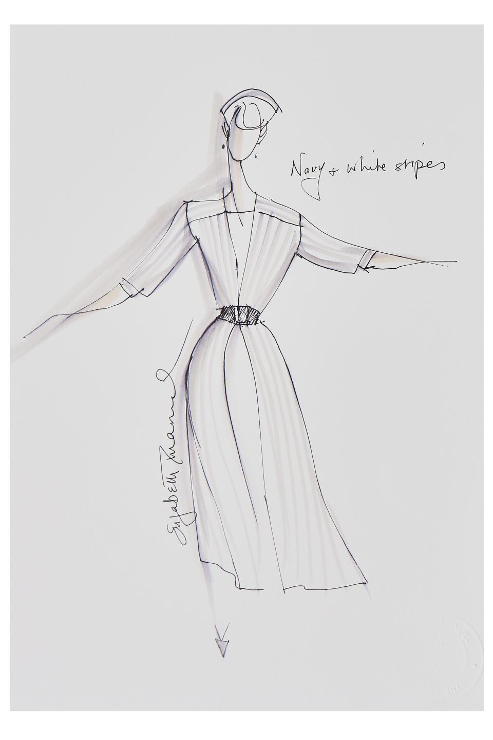 Elizabeth Emanuel sketch of Princess Diana's 1986 navy and white silk dress. (Kerry Taylor auctions)