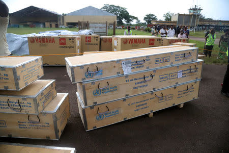 World Health Organization (WHO) medical supplies to combat the Ebola virus are seen packed in crates at the airport in Mbandaka, Democratic Republic of Congo May 19, 2018. REUTERS/Kenny Katombe