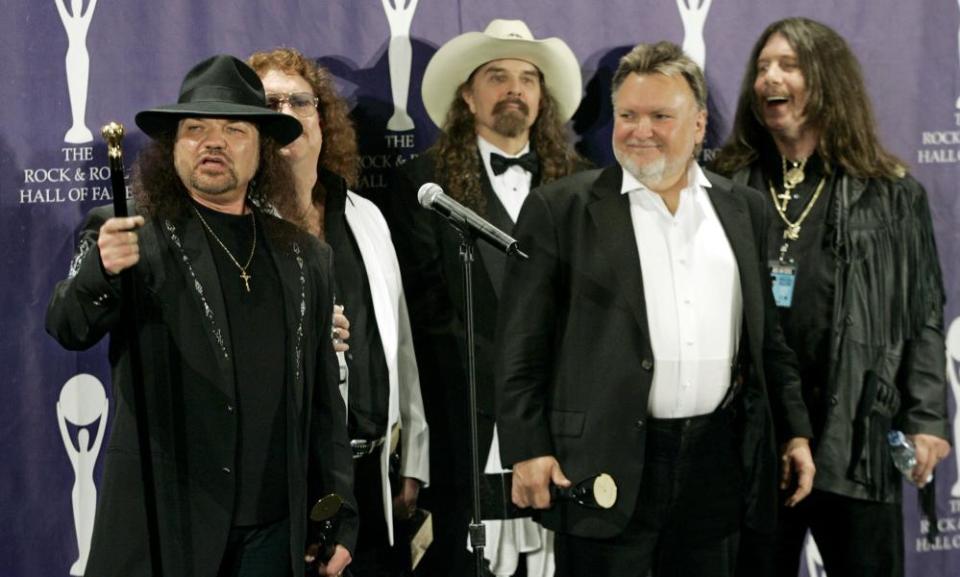 In this March 13, 2006 file photo, members of Lynyrd Skynyrd appear backstage after being inducted at the annual Rock and Roll Hall of Fame dinner in New York.