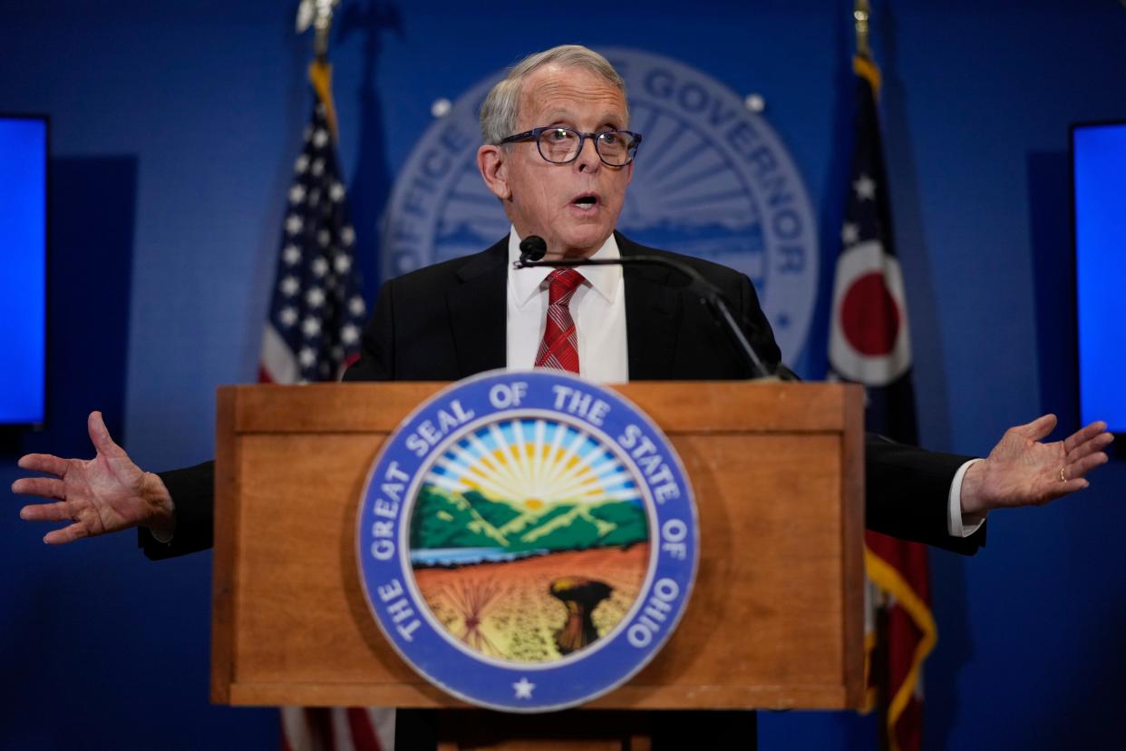 Ohio Gov. Mike DeWine speaks during a news conference, Friday, Dec. 29, 2023, in Columbus, Ohio. DeWine vetoed a measure that would have banned gender-affirming care for minors and transgender athletes’ participation in girls and women’s sports, in a break from members of his party who championed the legislation. Last month, lawmakers voted to override the veto.