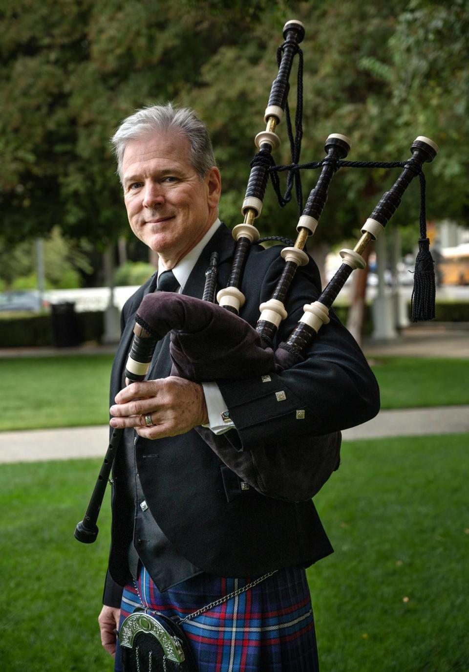 Bagpiper and author Michael Akard has published a history of the bagpipes. Photographed in Modesto, Calif., on Thursday, Oct. 7, 2021.