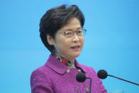 Hong Kong Chief Executive Carrie Lam speaks during a news conference after delivering her policy address in Hong Kong, Wednesday, Nov. 25, 2020. Lam lauded the city's new national security law on Wednesday as "remarkably effective in restoring stability," despite criticism that it is severely narrowing the space for free speech and political opposition in the semi-autonomous Chinese territory. (AP Photo/Kin Cheung)