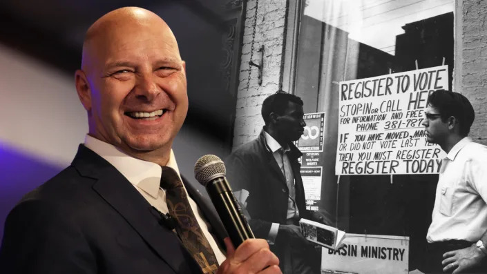 Doug Mastriano, Pennsylvania's Republican nominee for governor (left) and two men stand in front of signs that read 'Register to Vote' and 'Basin Ministry', possibly in the Over the Rhine neighborhood of Cincinnnati, OH, mid to late twentieth century (right). (Photo Illustration: Yahoo! News; Photos: Michael M. Santiago/Getty Images, Daniel J. Ransohoff/Cincinnati Museum Center/Getty Images)