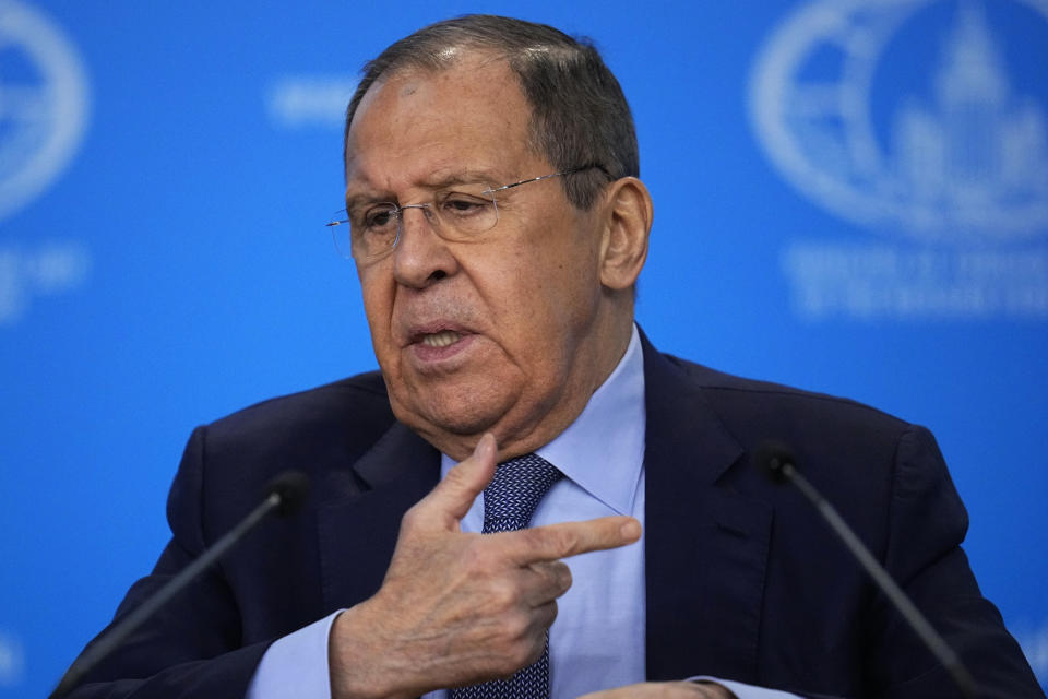 Russian Foreign Minister Sergey Lavrov gestures while speaking at his annual news conference in Moscow, Russia, on Thursday, Jan. 18, 2024. (AP Photo/Alexander Zemlianichenko)
