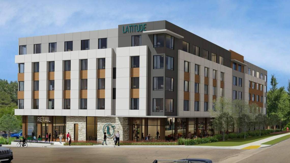 An architect’s rendering of one of the two Latitude student apartments proposed by Chicago developer CA Ventures at 1385 S. Capitol Blvd., the site of Boise’s Elmer’s Restaurant. This is the one along Capitol Boulevard, right. West Yale Street is in the foreground.