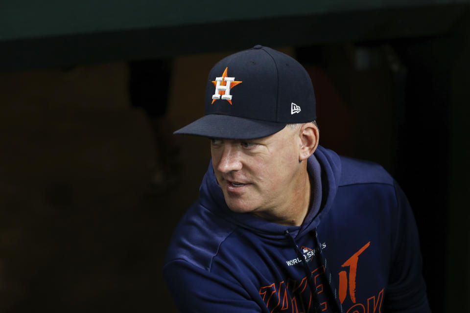 HOUSTON, TX - OCTOBER 30:  Manager AJ Hinch #14 of the Houston Astros walks into the dugout before Game Seven of the 2019 World Series against the Washington Nationals at Minute Maid Park on October 30, 2019 in Houston, Texas.  (Photo by Tim Warner/Getty Images)