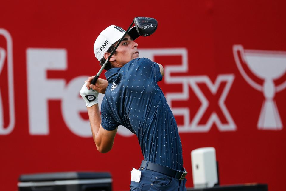 Joaquin Niemann tees off on the 16th hole during the final round of Rocket Mortgage Classic at the Detroit Golf Club in Detroit, Sunday, July 4, 2021.