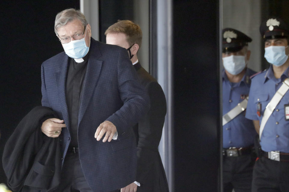 Australian Cardinal George Pell arrives at Rome's international airport in Fiumicino, Wednesday, Sept. 30, 2020. Pell took a leave of absence from his job in 2017 to stand trial in his native Australia on historic child sexual abuse charges, for which he was ultimately acquitted. (AP Photo/Andrew Medichini)