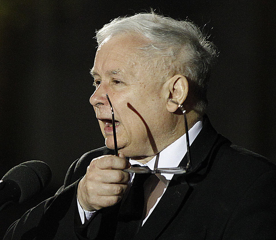 FILE-In this photo taken April 10, 2018 in Warsaw, Poland, the leader of the ruling party Jaroslaw Kaczynski speaks in front of the Presidential Palace during ceremonies marking eighth years since his twin brother, then-President Lech Kaczynski, and 95 others were killed in a plane crash. Kaczynski, whose public image is of restraint and honesty, is at the center of a scandal involving him negotiating a multi-million euro construction, even though the law bans political parties from doing business. (AP Photo/Czarek Sokolowski)