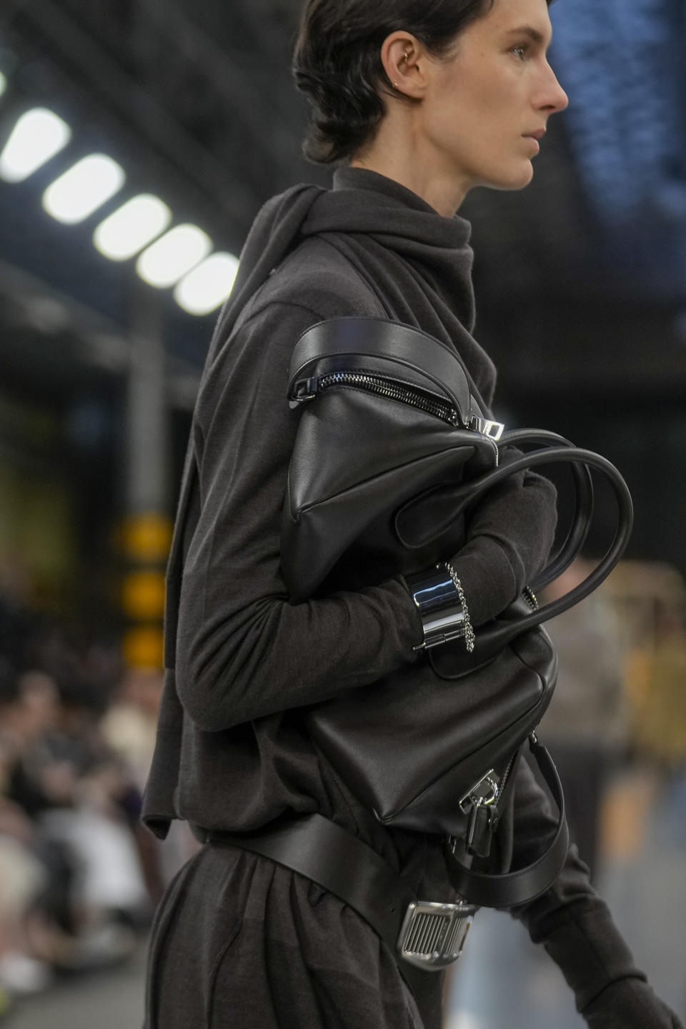 A model wears a creation as part of the Tod's women's Fall-Winter 2024-25 collection presented in Milan, Italy, Friday, Feb. 23, 2024. (AP Photo/Luca Bruno)