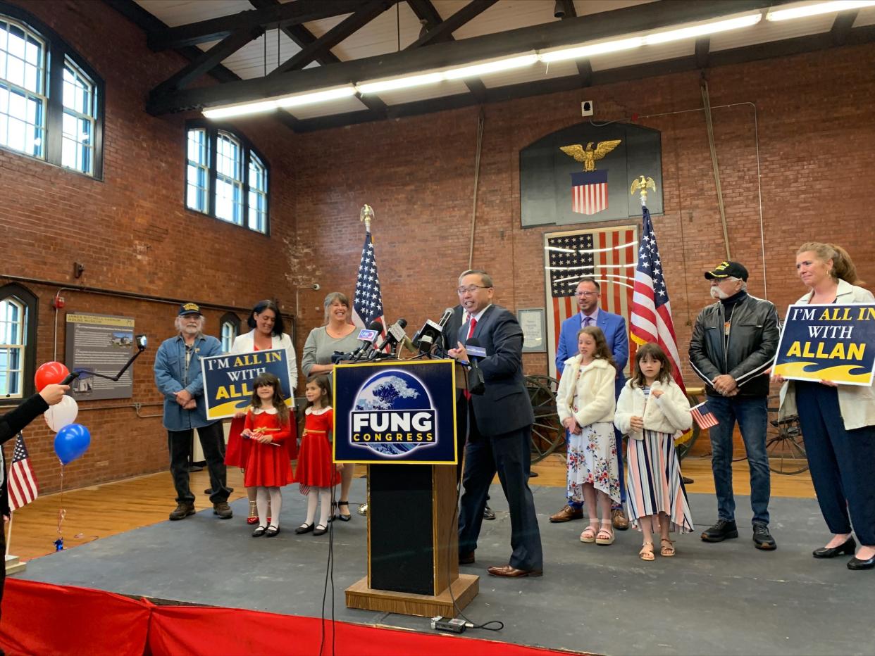Congressional candidate Allan Fung at his campaign kickoff rally in the Varnum Armory.