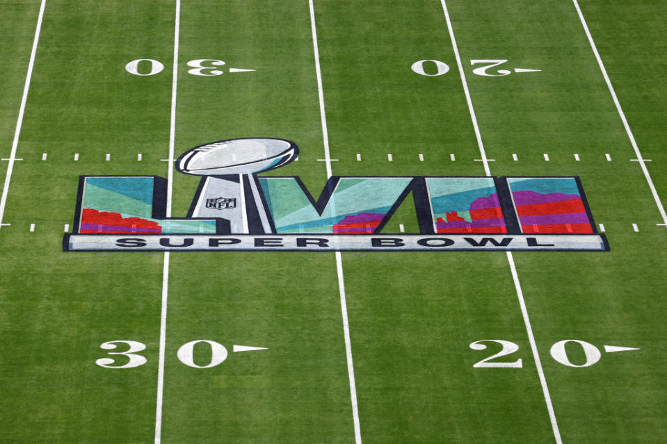 FILE – The Super Bowl LVII logo is seen on the field prior to Super Bowl LVII between the Kansas City Chiefs and the Philadelphia Eagles at State Farm Stadium on February 12, 2023 in Glendale, Arizona. (Photo by Rob Carr/Getty Images)