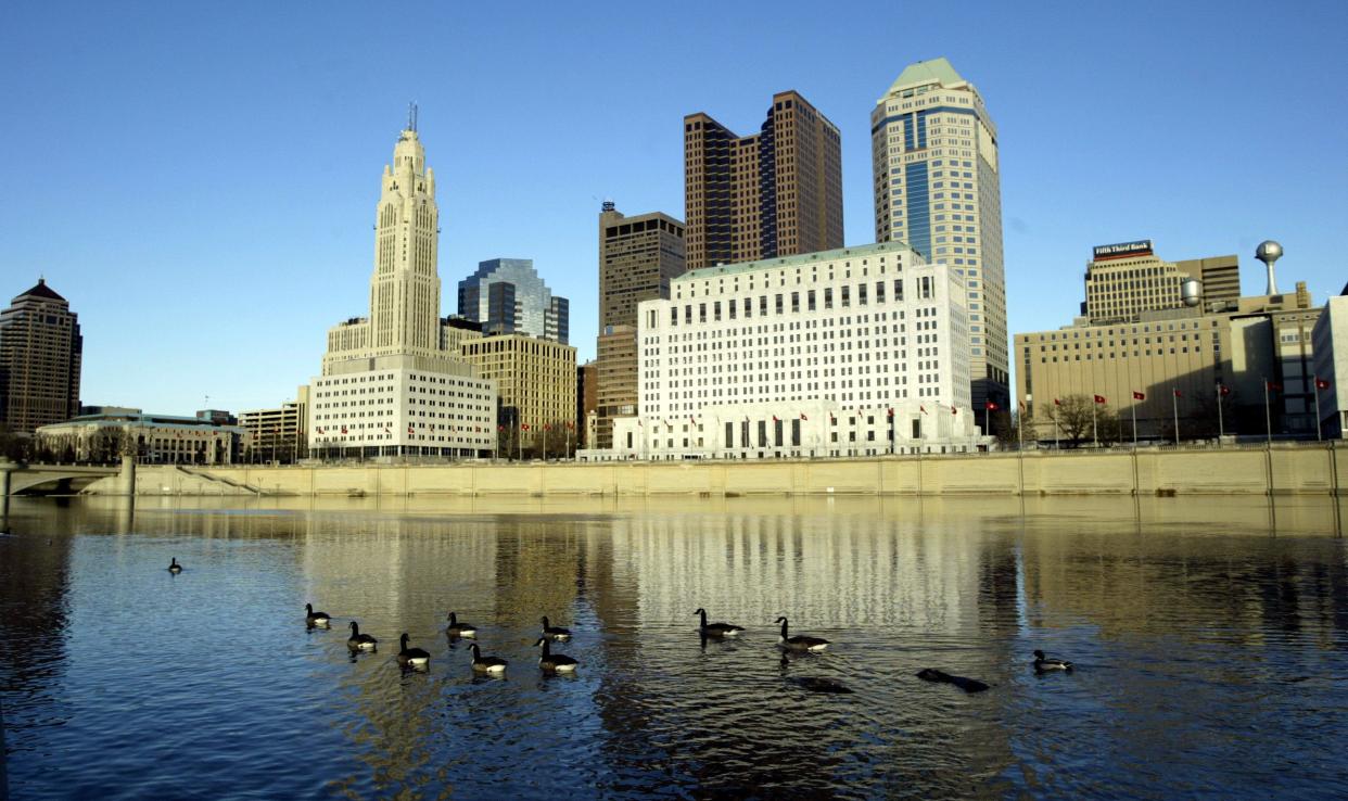 Downtown Columbus, Ohio, as seen from across the Scioto River. Six employees of a nursing home in Columbus have been charged after the death of one patient and the neglect of another in Columbus this week.