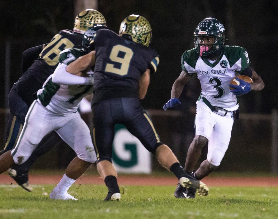 Long Branch's Earnest Reevey, shown running the ball in the Green Wave's 21-7 win at Brick Memorial in a NJSIAA Central Group 4 semifinal, helped the Green Wave advance to the Central Group 4 championship game.