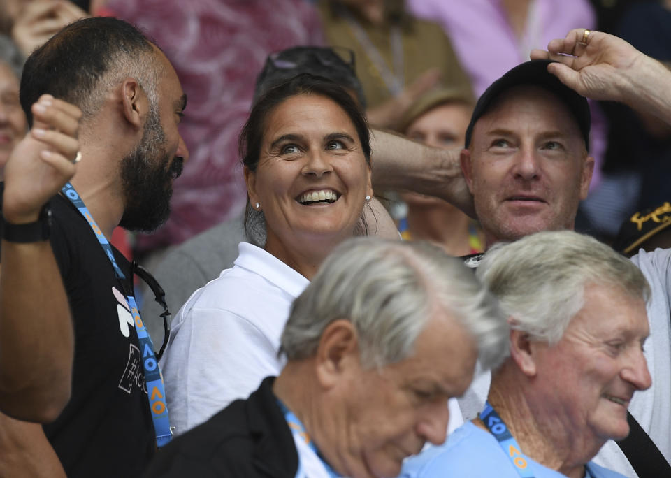 Conchita Martinez, coach of Karolina Pliskova of the Czech Republic reacts after her quarterfinal win over United States' Serena Williams at the Australian Open tennis championships in Melbourne, Australia, Wednesday, Jan. 23, 2019. (AP Photo/Andy Brownbill)