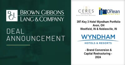 Brown Gibbons Lang & Company (BGL) is pleased to announce the completion of the brand conversion and financial restructuring of three new Wyndham hotels accounting for 397 keys, on behalf of the hotels’ owners, Ceres Enterprises and The Orlean Company. The hotels include the 113-key Wyndham Avon (OH), the 132-key Wyndham Noblesville (IN), and the 152-key Wyndham Westfield (IN).