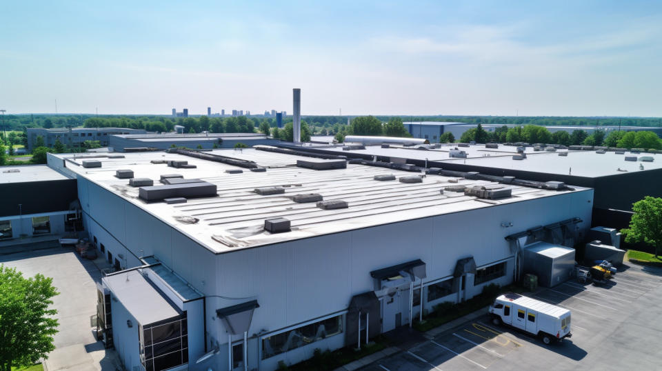 An aerial view of a large industrial roofing system installed by the specialty chemical company.