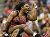 Serena Williams reacts to her victory over Bethanie Mattek-Sands during their 2015 US Open third round women's singles match on September 4, 2015, in New York