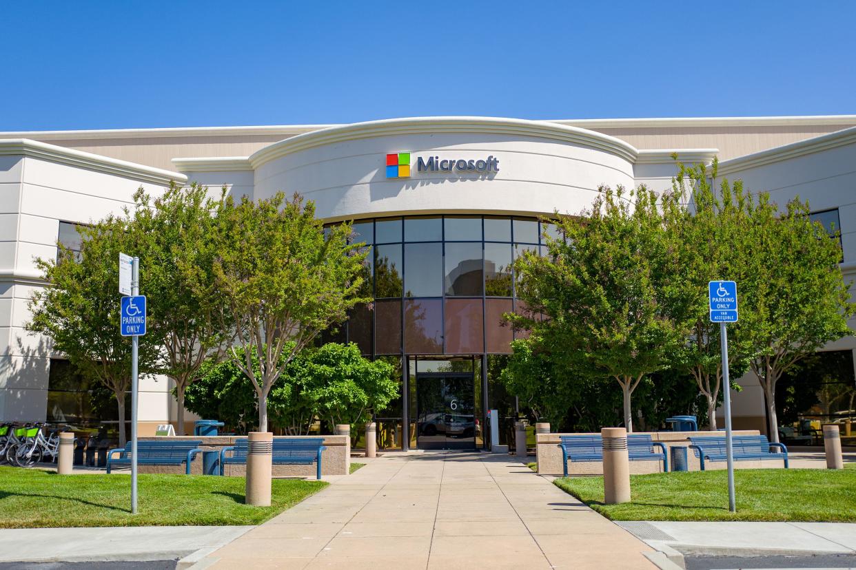 Facade with sign and logo at regional headquarters of computing company Microsoft in the Silicon Valley, Mountain View, California, May 3, 2019.