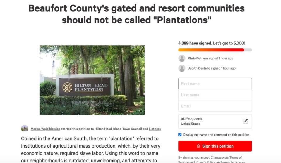 A Change.org petition started June 7, 2020 urges Beaufort County leaders to demand the word “plantation” be taken off gated community signs and marketing materials. The petition offers few details, but had over 4,300 signatures on Friday morning.