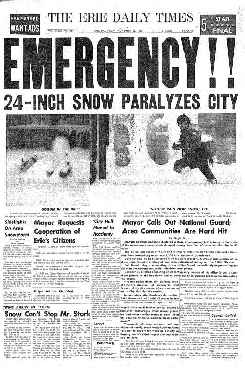 The front page of the Erie Daily Times on Nov. 23, 1956.