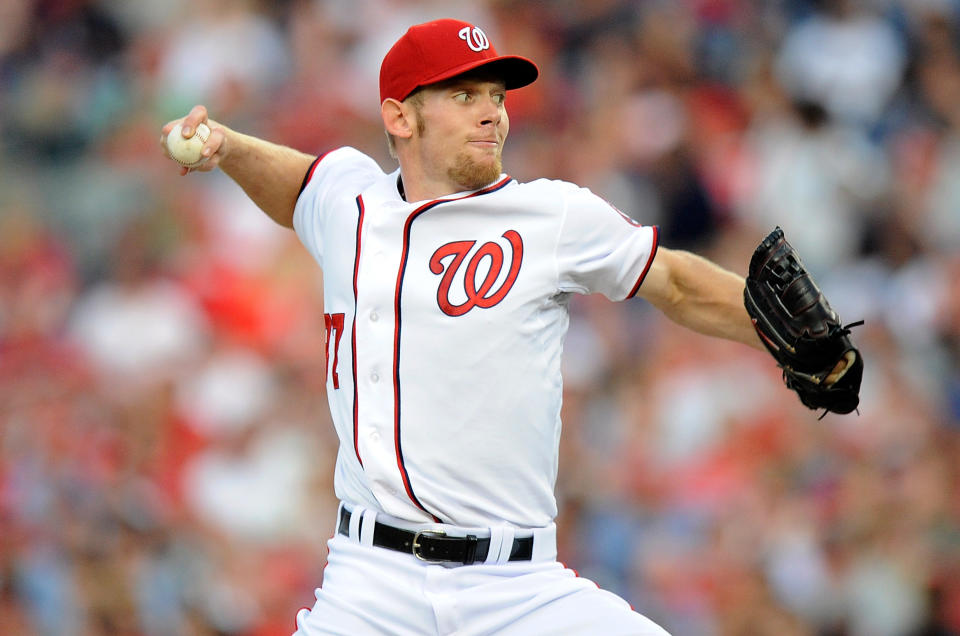 WASHINGTON, DC - MAY 04: Stephen Strasburg #37 of the Washington Nationals pitches against the Philadelphia Phillies at Nationals Park on May 4, 2012 in Washington, DC. (Photo by Greg Fiume/Getty Images)