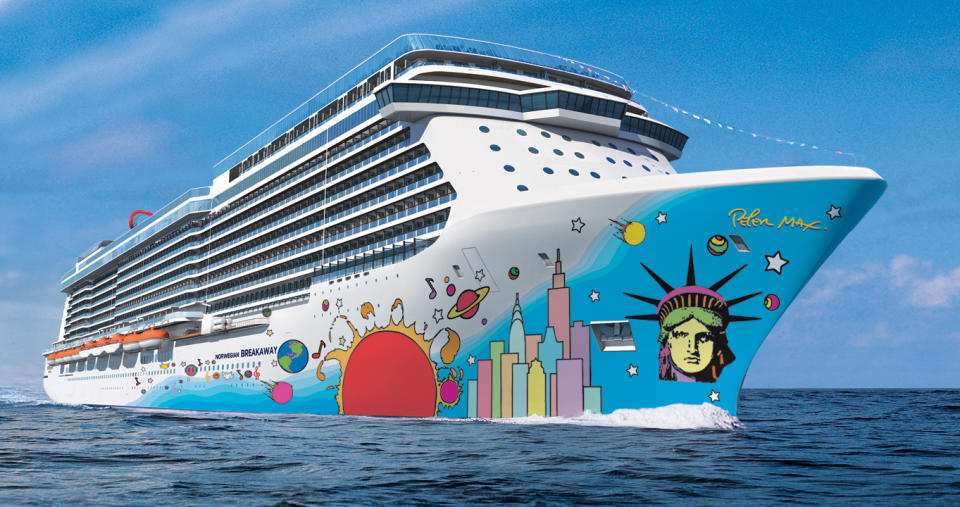 This undated artist’s rendering provided by Norwegian Cruise Line shows the exterior of the Norwegian Breakaway. The ship’s hull features the unmistakable pop art of Peter Max, with Lady Liberty's face and a city skyline anchoring the brightly colored design. The ship will carry 4,028 guests and will be the largest ever to homeport year-round in New York City, beginning in May. It’s considered one of the hottest new cruise ships coming out this year. (AP Photos/Norwegian Cruise Line)