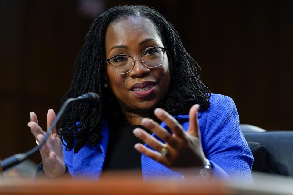 Ketanji Brown Jackson testifies during her Senate Judiciary Committee confirmation hearing on Capitol Hill in Washington on March 23. The Harvard-educated Jackson made history as the first Black woman nominated in the court's 233 years.