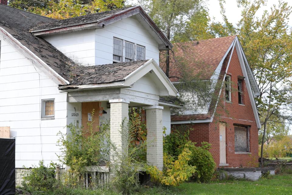 Some of the abandoned homes along Yellowstone Street, near Auntie Na’s Village, Saturday, October 19, 2019 in Detroit, Mich.