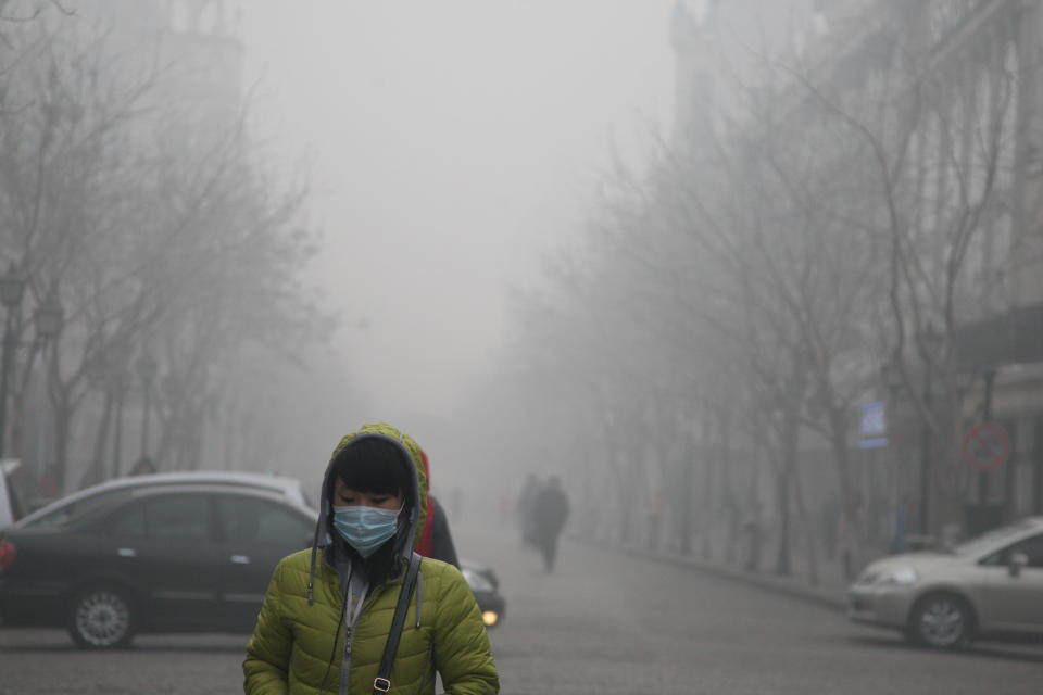 HARBIN, CHINA - DECEMBER 03:  (CHINA OUT) A pedestrian wearing a mask walks along a road as heavy smog engulfs the city on December 3, 2013 in Harbin, China. Harbin Meteorological Bureau issued an orange warning on smog on Tuesday morning.  (Photo by ChinaFotoPress/ChinaFotoPress via Getty Images)