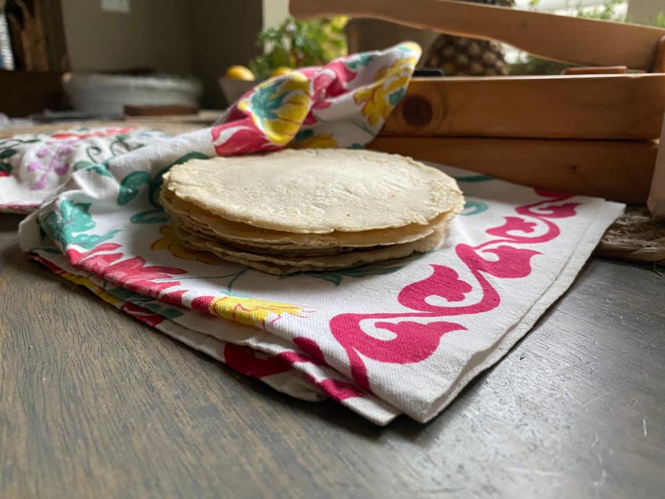 Freshly made corn tortillas can be used as is to make a variety of tacos, rolled or stacked enchilada, or toasted for making chalupas and tostadas.