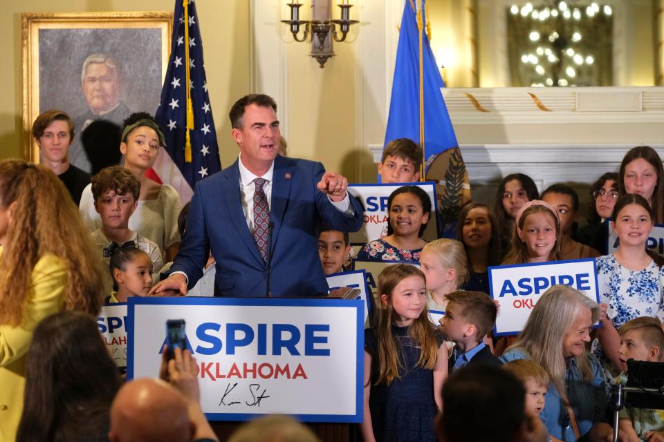 Oklahoma Gov. Kevin Stitt speaks during a signing ceremony for the Aspire Oklahoma Plan on Thursday at the Capitol.