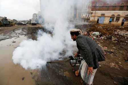 A public health worker sprays insecticide, amid a cholera outbreak, in Sanaa, Yemen, July 26, 2017. REUTERS/Khaled Abdullah