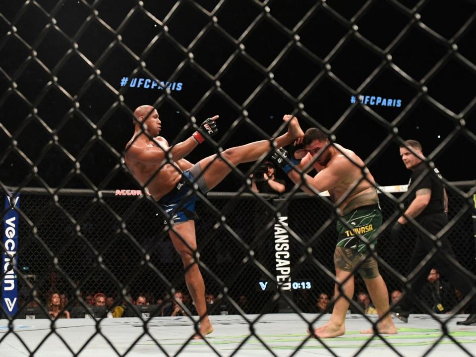 Gane set up his finish of Tuivasa with head kicks after targeting the Australian’s body (AFP via Getty Images)