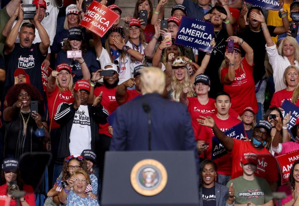 Supporters of U.S. President Donald Trump react as he concludes speaking at a campaign rally at the BOK Center, June 20, 2020 in Tulsa, Oklahoma. (Photo by Win McNamee/Getty Images)