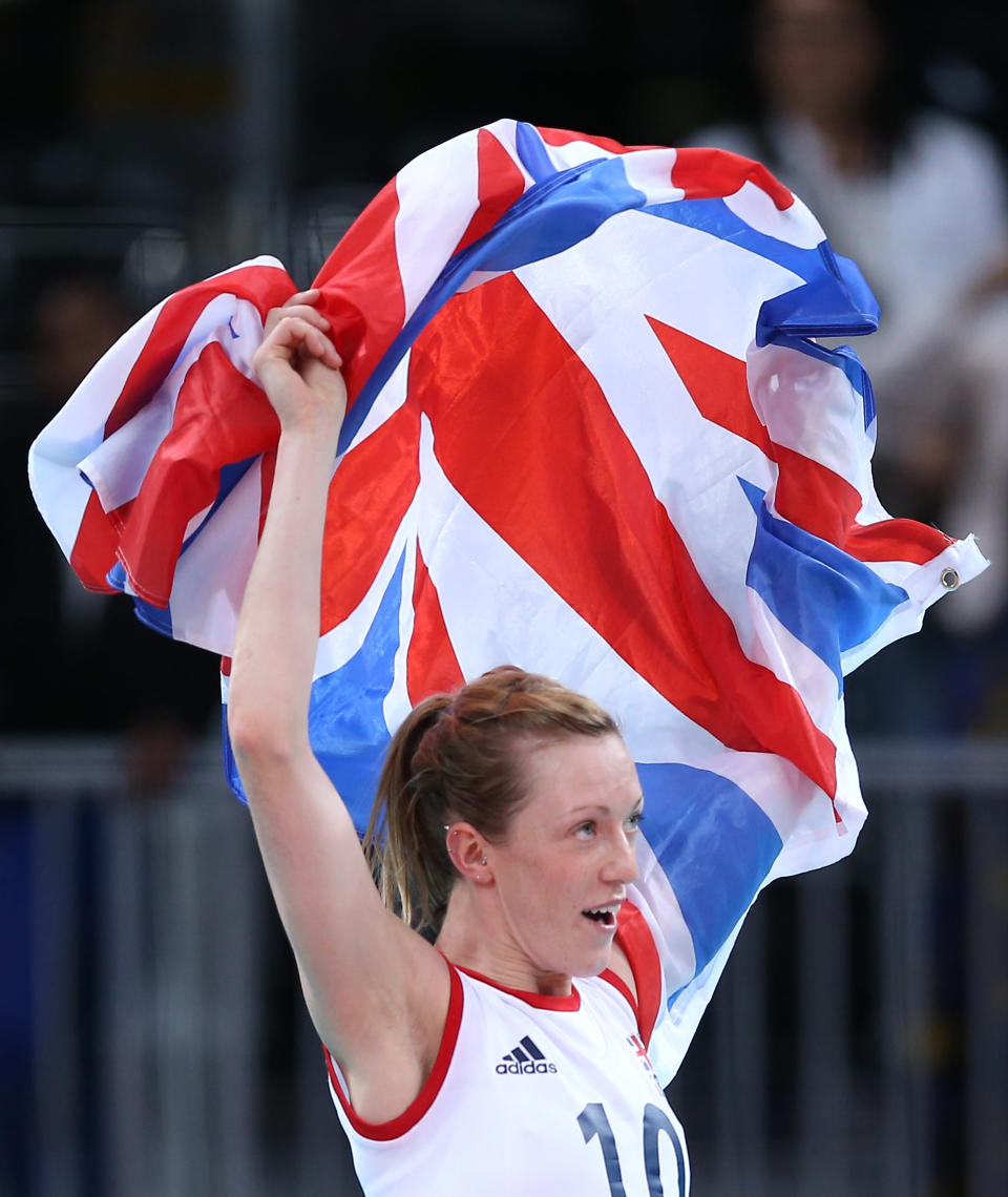 LONDON, ENGLAND - JULY 30: Lynne Beattie of Great Britain celebrates winning the Women's Volleyball Preliminary match between Great Britain and Algeria on Day 3 of the London 2012 Olympic Games at Earls Court on July 30, 2012 in London, England. (Photo by Elsa/Getty Images)