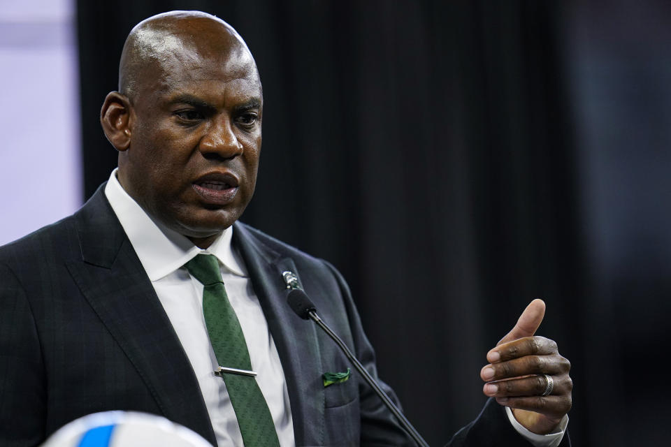 Michigan State head coach Mel Tucker talks to reporters during an NCAA college football news conference at the Big Ten Conference media days, at Lucas Oil Stadium in Indianapolis, Friday, July 23, 2021. (AP Photo/Michael Conroy)