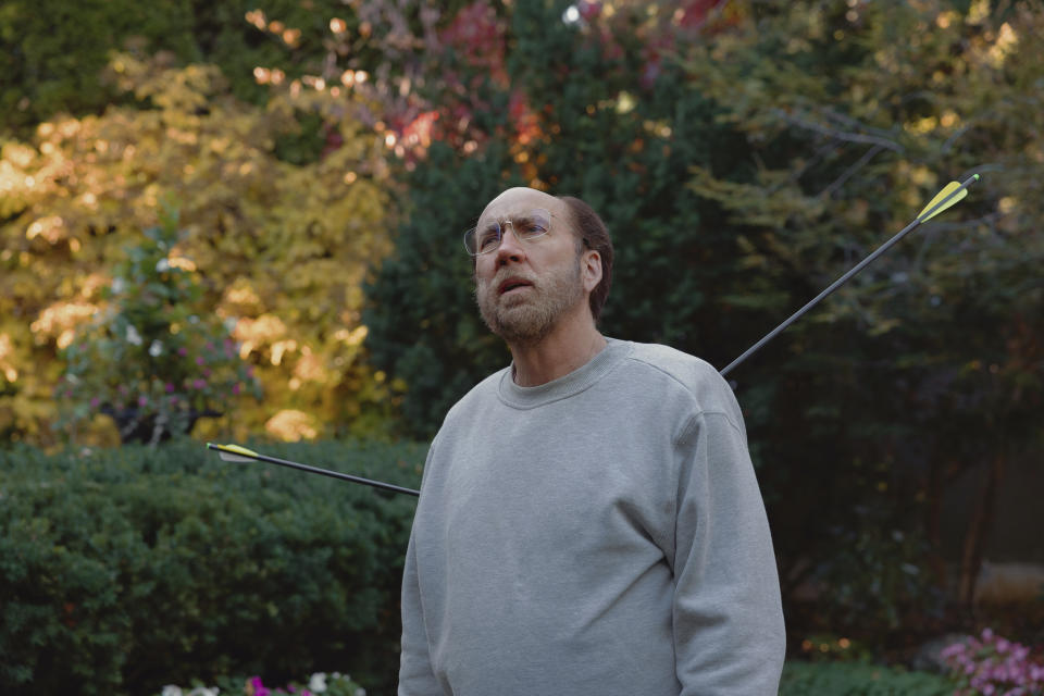 This image released by A24 shows Nicolas Cage in a scene from "Dream Scenario" (A24 via AP)