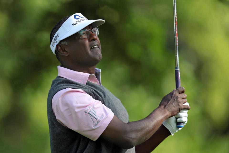 Vijay Singh of Fiji tees off on the 11th tee during the second round of The Ally Challenge at Warwick Hills Golf & Country Club in Grand Blanc, Michigan on September 14, 2019.