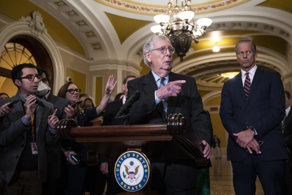 Senate Minority Leader Mitch McConnell speaks to reporters after meeting with Senate Republicans at the U.S. Capitol on Nov. 15, 2022, in Washington, D.C. / Credit: Drew Angerer / Getty Images