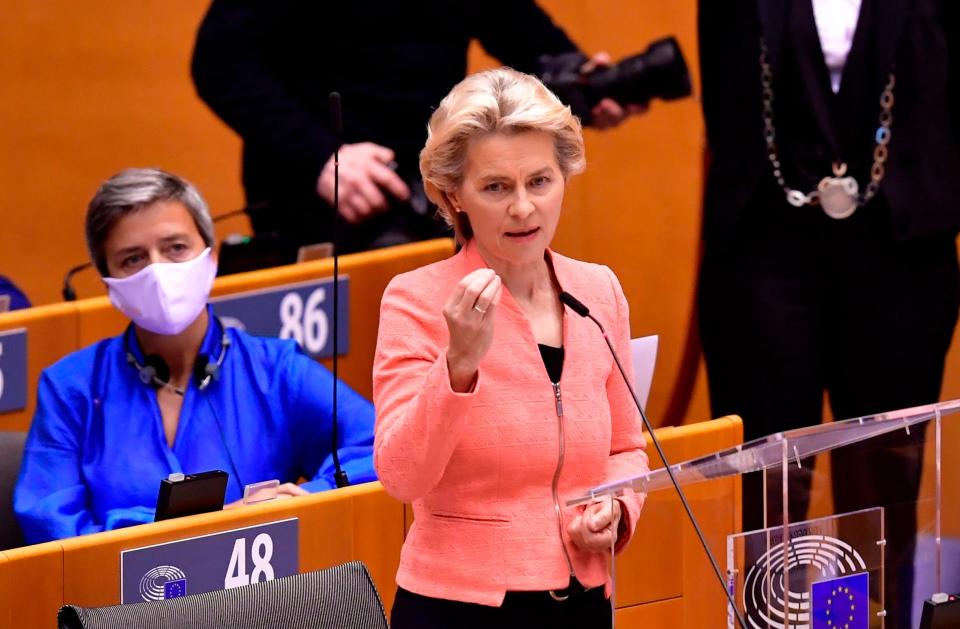 European Commission President Ursula von der Leyen speaks during a plenary session at the European Union (AFP via Getty Images)