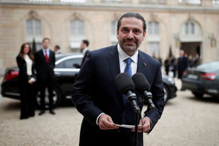 Saad al-Hariri, who announced his resignation as Lebanon's Prime Minister while on a visit to Saudi Arabia, talks to journalists after a meeting with the French President at the Elysee Palace in Paris, France, November 18, 2017. REUTERS/Benoit Tessier