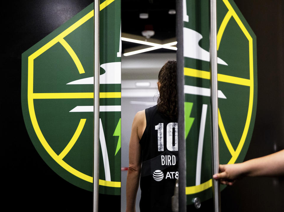 Seattle Storm guard Sue Bird (10) walks into the locker room after playing her final game, a Storm loss to the Las Vegas Aces in Game 4 of the WNBA semifinals on Sept. 6, 2022, in Seattle. (AP Photo/Lindsey Wasson)