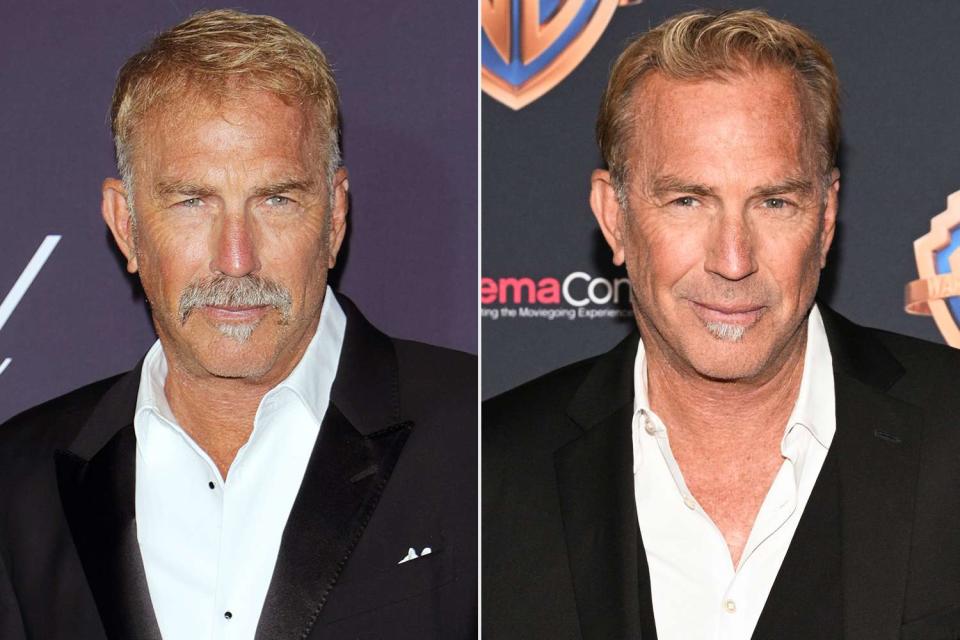 <p>Jacopo Raule/WireImage; Brenton Ho/Variety via Getty</p> Kevin Costner with his new mustache in May (left) and without in April (right)